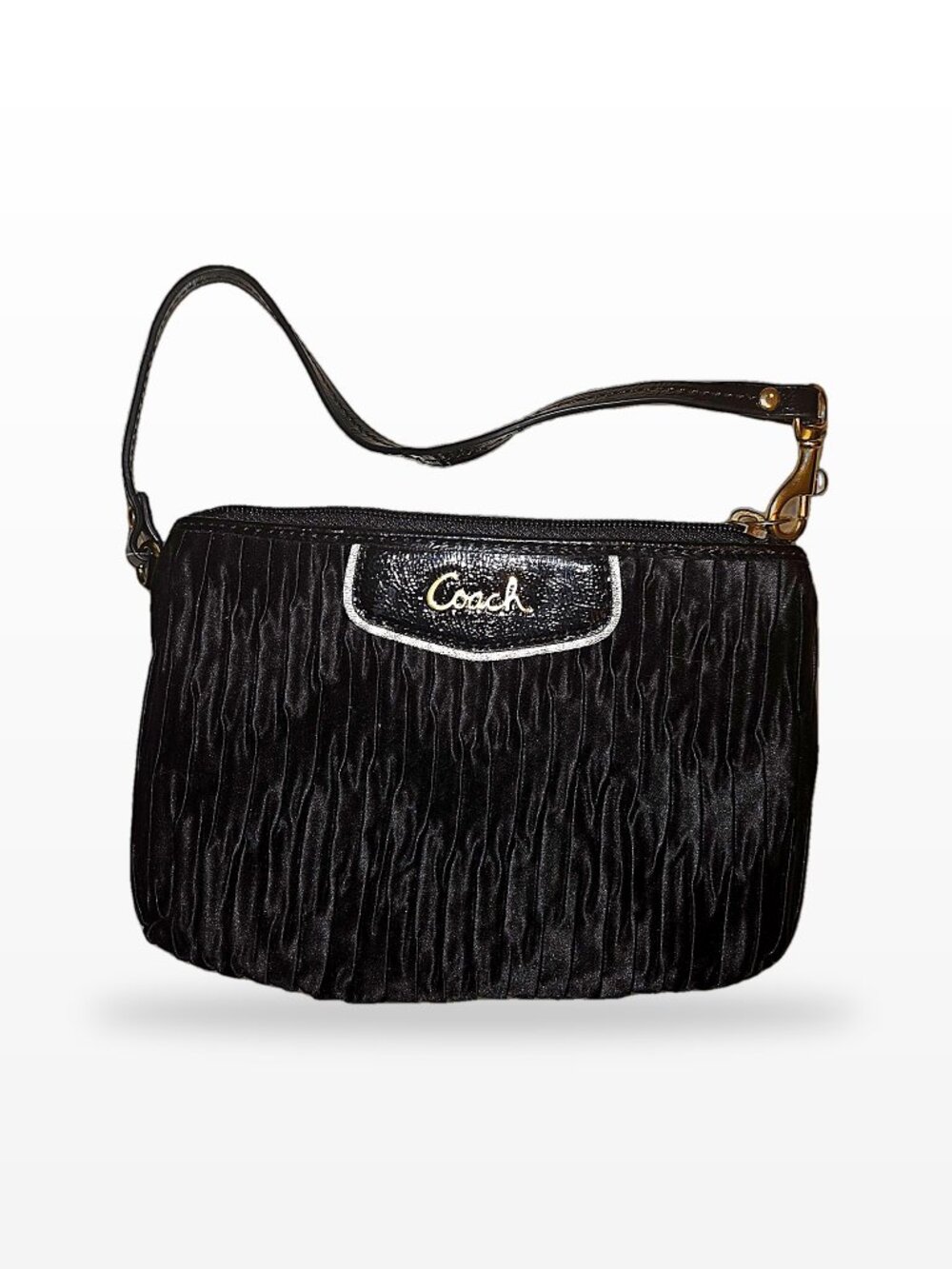 Coach Ashley Gathered Satin Medium Wristlet F48163 Black, Gold Hardware, Hangtag